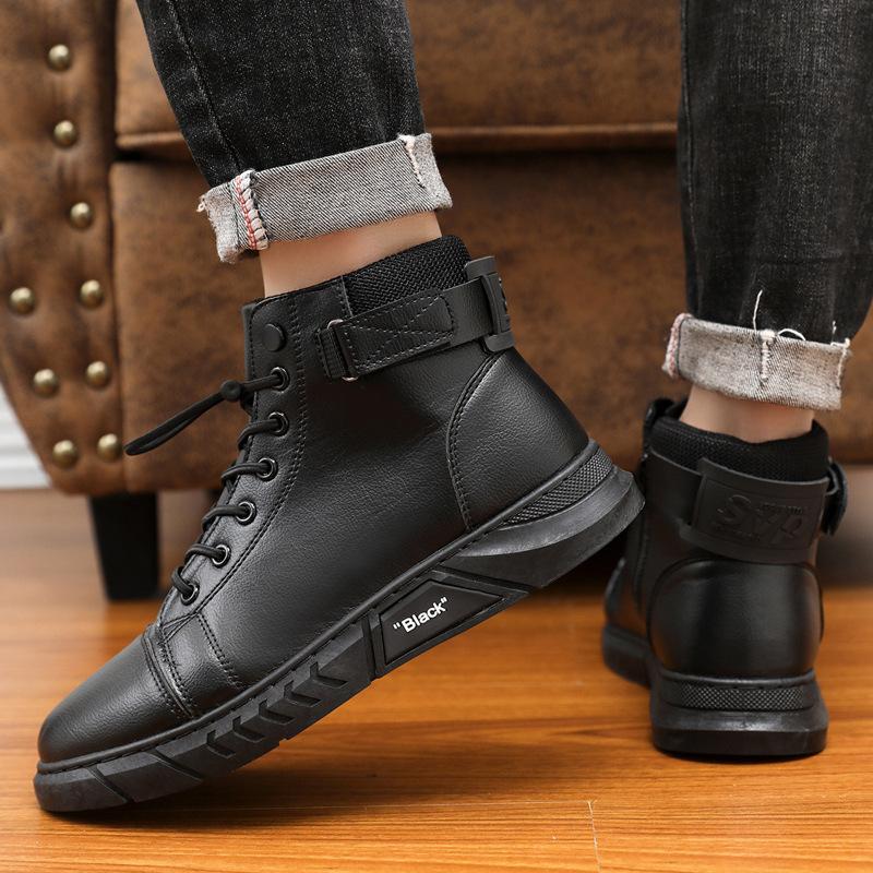Ankle Boots Black PU Leather Men's Sports Shoes Autumn Winter Comfortable High-top Casual Fashion Platform Boots Man Round Head