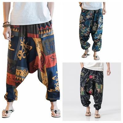 Men Loose Baggy Long Pants Floral Print Wide Leg Japanese Hakama Casual Vintage Trousers Plus Size