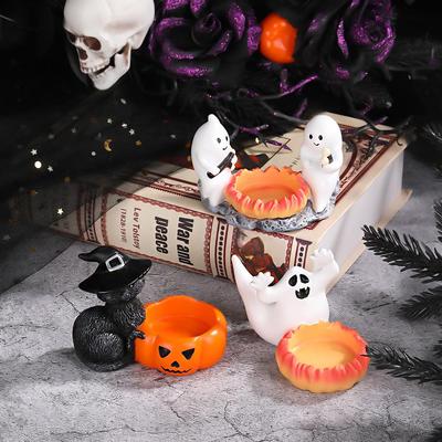 Black Cat & Pumpkin Halloween Candle Holder Resin Decor Set