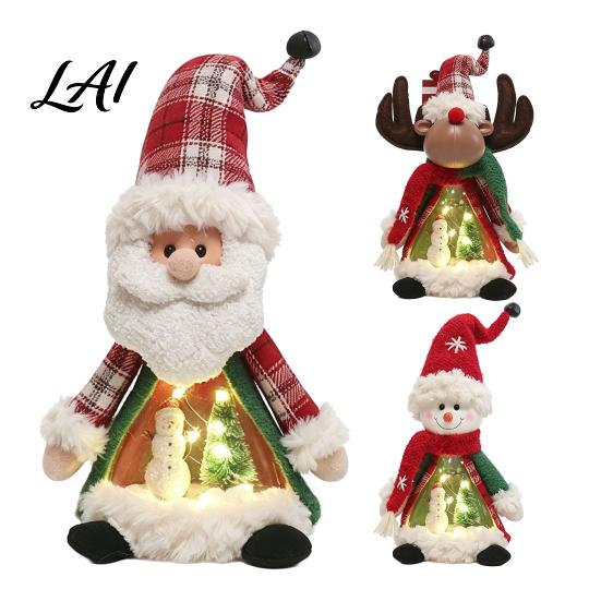 Standing Christmas Character Set Lighted Doll Decoration Cute Plush Santa Claus/Snowman/Reindeer Figurine with Holiday Home Interior Decor