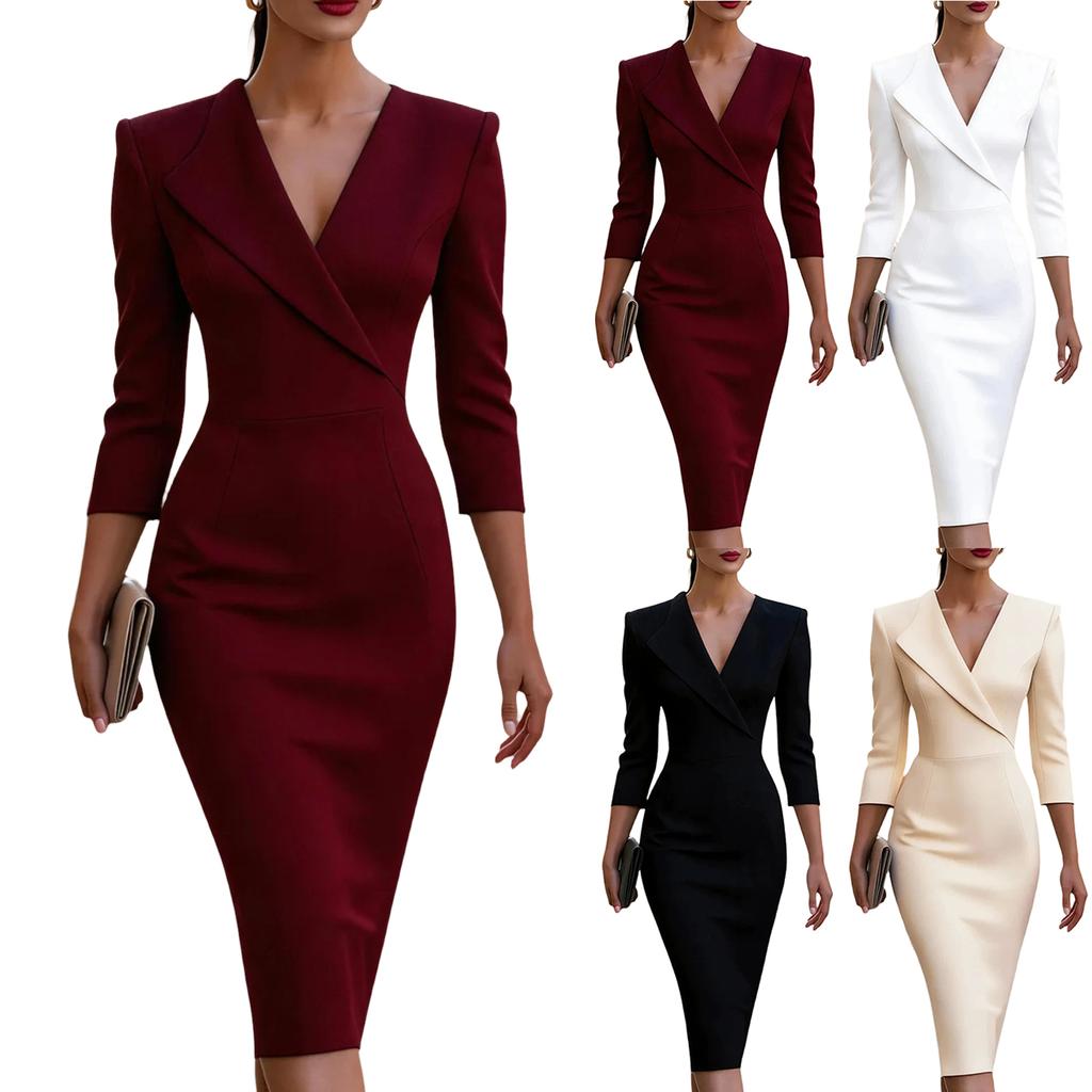 Damen V-Ausschnitt - Midikleid mit Dreiviertelärmel - Taillienbetonte, figurbetonte Passform für Cocktailpartys