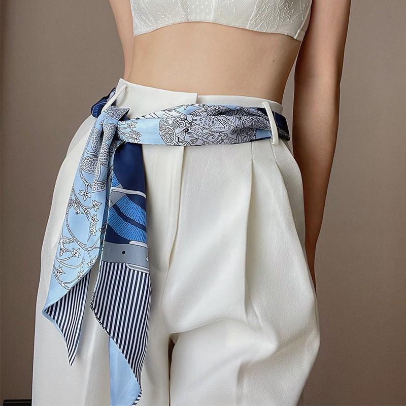 Silk Scarf: Long, Narrow, High-End Print for Spring and Summer - Versatile as Shirt Ribbon, Belt, or Hair Tie.
