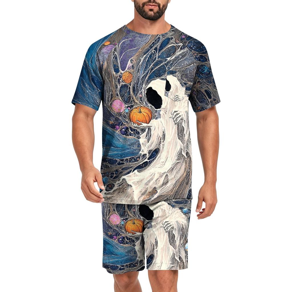 Men's Halloween Casual Pajama Set Short Sleeve Top and Shorts Comfortable Lightweight Sleepwear Set with Pumpkin and Bat Print for Home Use