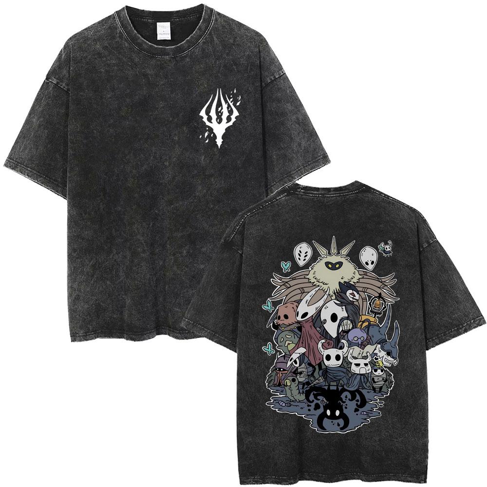 Game Hollow Knight Print Washed Tshirt Men Women Fashion Casual Cotton Tshirts Unisex Vintage Oversized Short Sleeve T Shirts