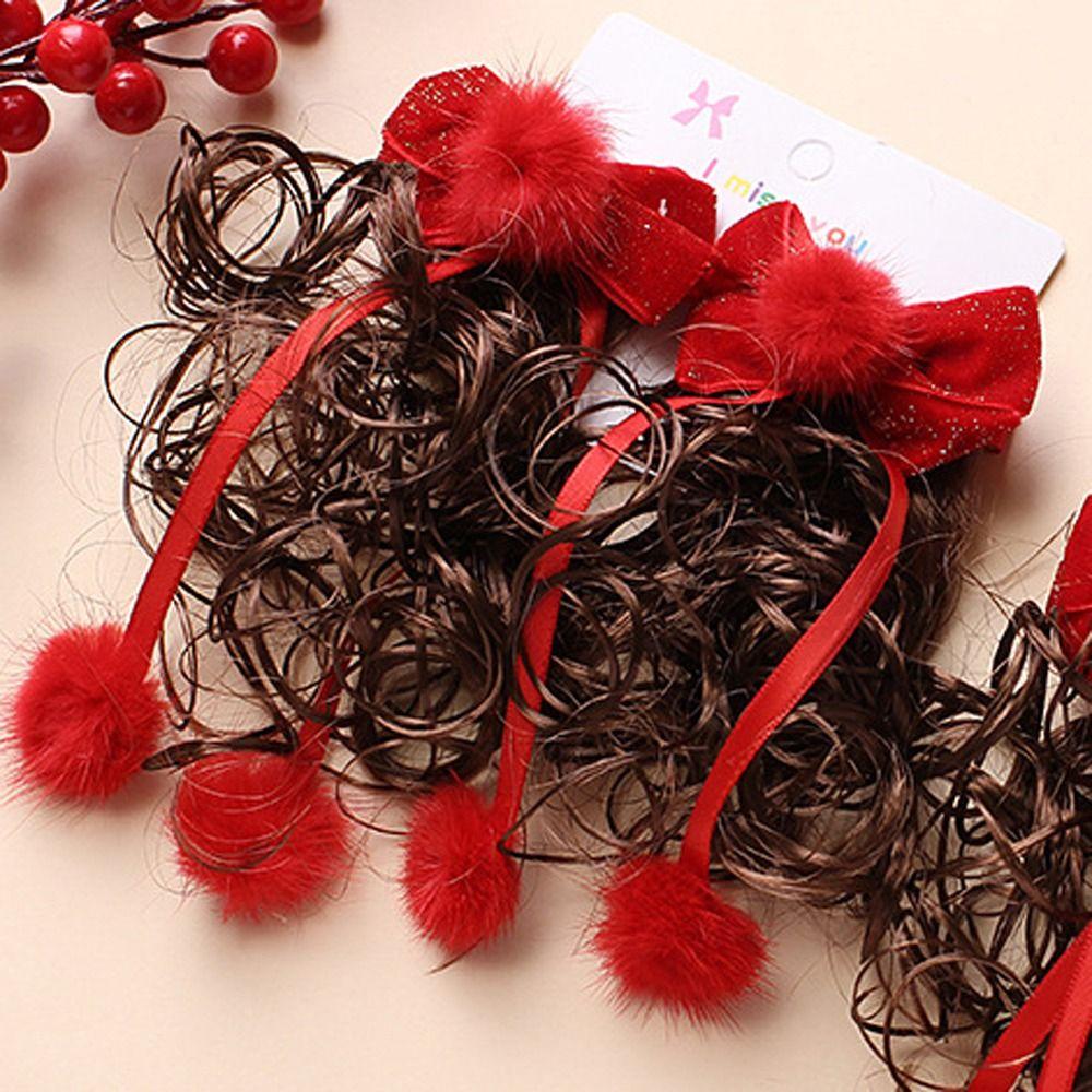 2pcs Chinese Style Baby Wig Hairpin Curly Red Bowknot Hairclip Children's Bow Wig  New Year Festive