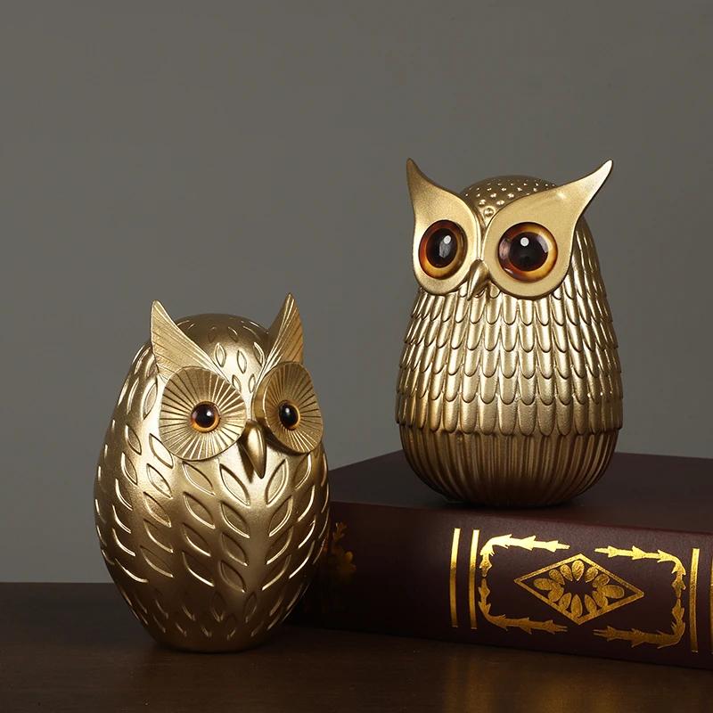 Resin Owl Statue Cute Golden Owl Figurines Nordic Home Decoration Animal Sculpture Crafts Interior Living Room Desktop Ornaments