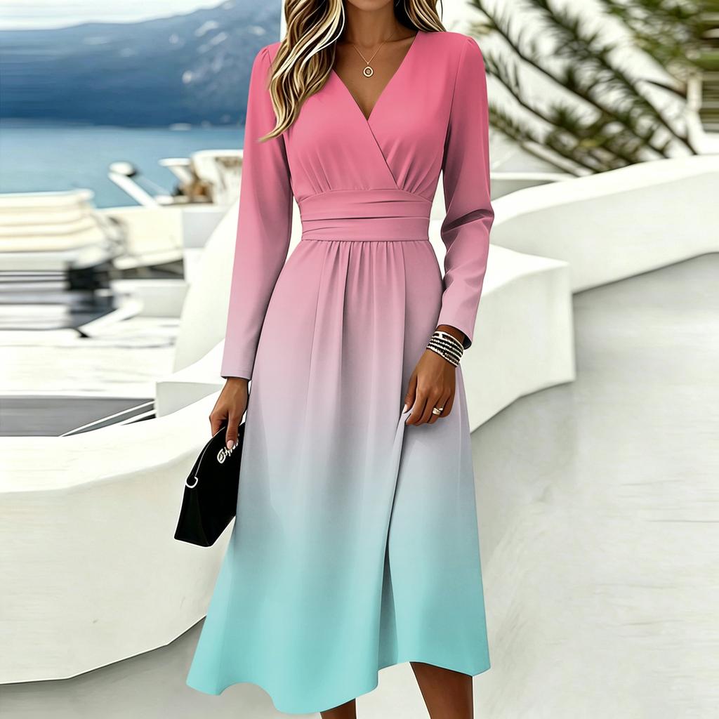Women's Gradient Print Long Sleeve V-Neck Dress with Pockets Casual Fashionable