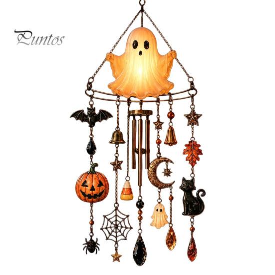 Luminous Wind Chime Halloween Ghost Chime, Glow-in-The-Dark Hanging Ornament with Pumpkin Bat Spooky Patio Decorations Spider Charms, Rustproof Metal