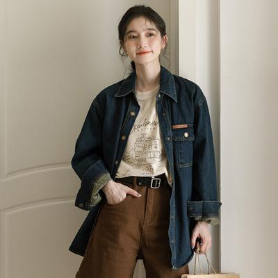 Vintage Dark Blue Denim Jacket Women's Spring and Fall Loose Casual Blouse Shirt