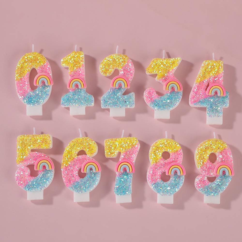 Rainbow Glitter Number Candles for Children's Birthday Cake, 0-9 Toppers