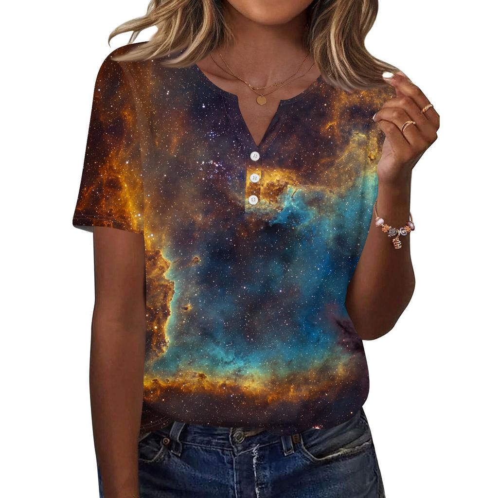 Damska Koszulka z Nadrukiem Guziki Krótki Rękaw Codzienna Weekendowa Moda Podstawowy Dekolt V Regularny Top