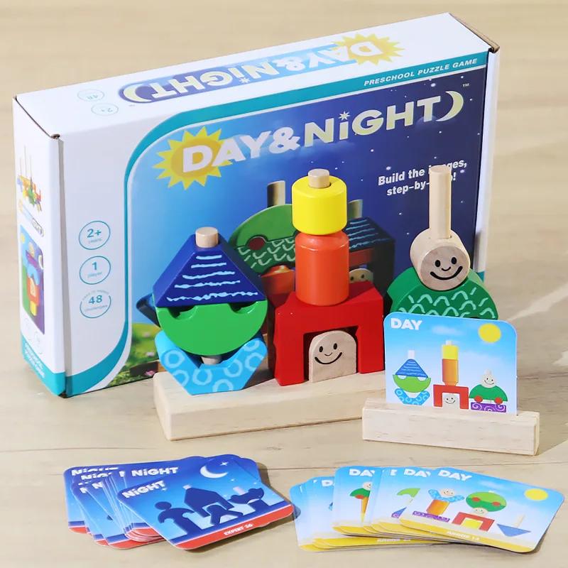 Dřevěné kostky skládané Hra na přiřazování tvarů Montessori Trénink logického myšlení Kreativní puzzle hry s tématikou den/noc Dětské hračky
