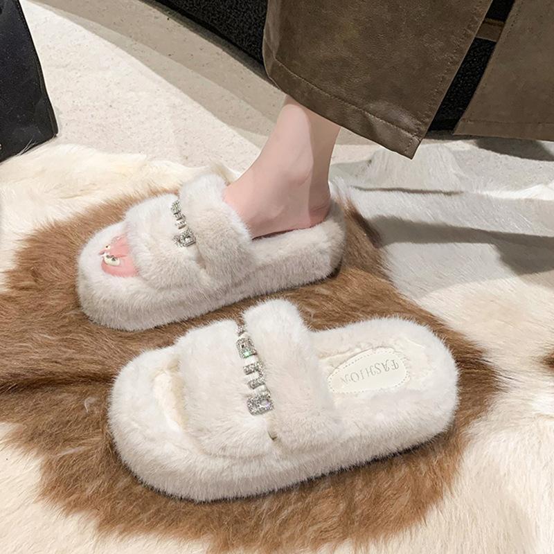 Premium sense versatile fluffy slippers women's autumn and winter new outer wear thick bottom heightening one-word cotton mop