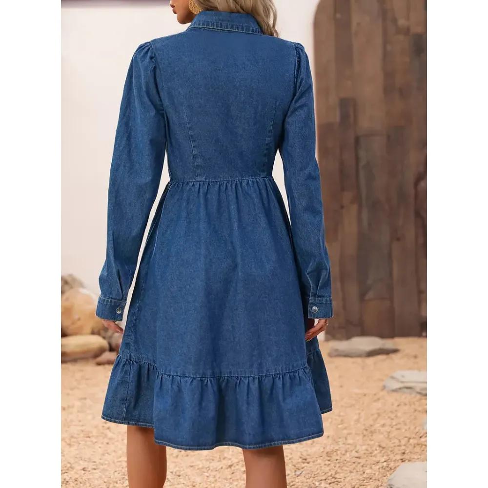 Wiosna Lato Falbany Kobiety Niebieska Sukienka Jeansowa Elegancka Koszula na Guziki Sukienka Midi Damskie Sukienki Codzienne Szata Damska