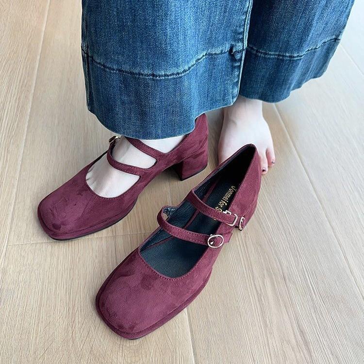 Korean Version Suede Square Head Double Row One-button Thick Heel Light Mouth Single Shoes Women's 2025 Spring and Autumn New Mary Jane Shoes Women