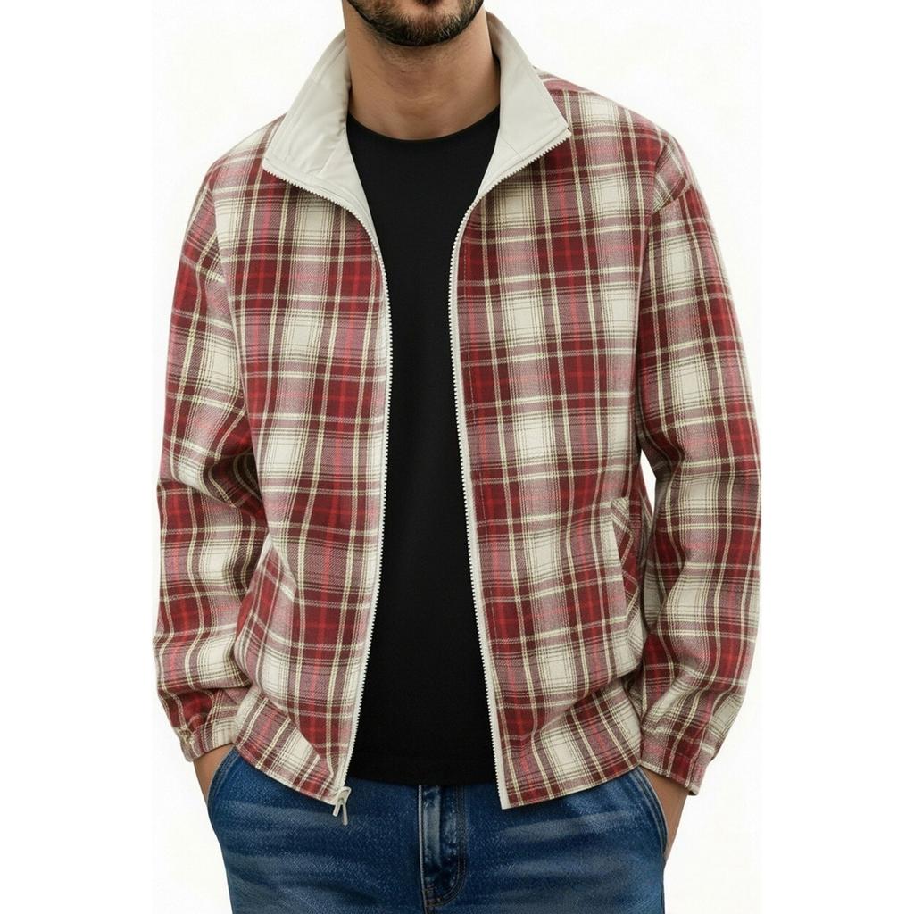 Men's Reversible Plaid Jacket with Stand Collar for Casual Wear