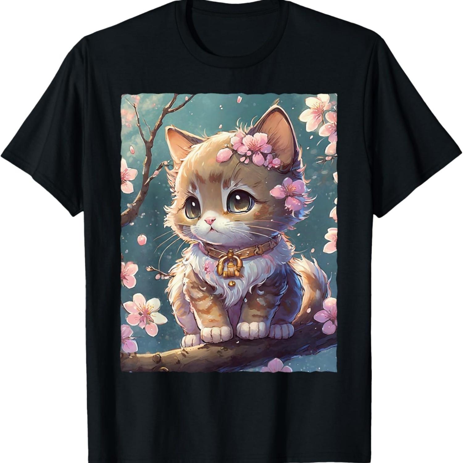 Милая Кавайная Кошка с Цветами Сакуры Футболка для Мужчин Женщин Детей(1) S чёрный
