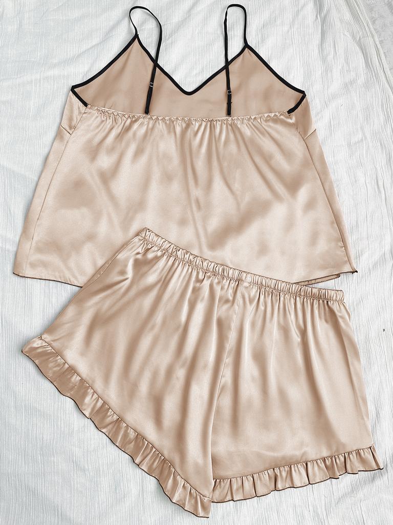 Damen Übergröße Frühling und Sommer Bequeme Kunstseide Loungewear 2-teiliges Camisole und Shorts Pyjama-Set Sexy V-Ausschnitt Homewear