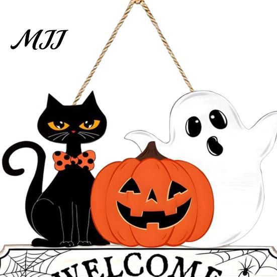 Seasonal Welcome Plaque Halloween Wood Door Sign, Pumpkin Ghost Black Cat Hanging Decor for Solid Craft Gift Front Door, Rustic Farmhouse Wall