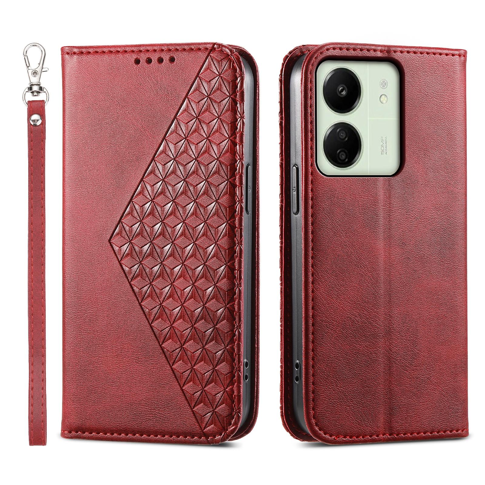 

For Xiaomi Redmi 13C 4G/13C 5G/Poco C65 4G/Poco M6 5G/13R 5G Case Imprinted Rhombus Pattern PU Leather Mobile Phone Cover Red