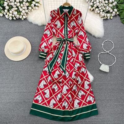 Women's Temperament Long Sleeve Lapel Waist Slimming Printed A-Line Big Swing Dresses