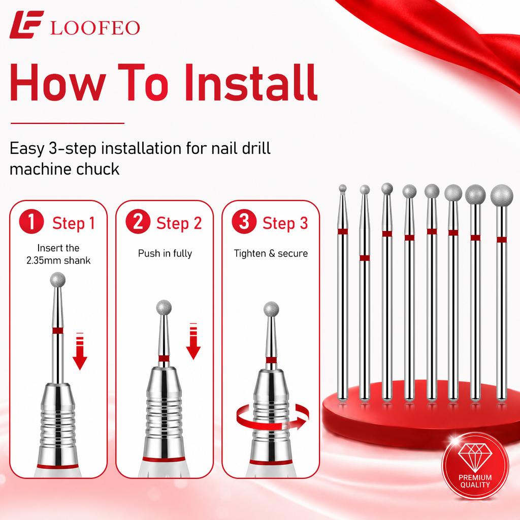 Ball Diamond Nail Drill Bit Set 1.5/2/2.5/3/3.5/4/4.5/5mm Red Fine Nail Milling Cutters Nail File Bit Sets Nail Prep Dead Skin Removal Shaping