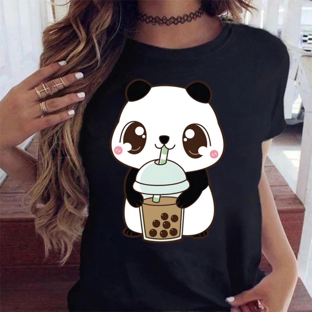 Funny Retro Casual Women's T-shirt Cute Women's Street Wear Panda Pattern Round Neck Short-sleeved Fashion Tea Print Aesthetic Clothing