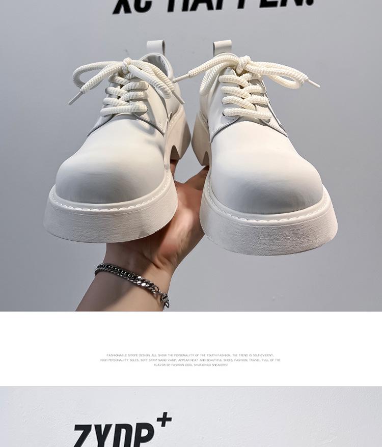 Men's Trendy British Style White Leather Lace-Up Shoes - Round Toe, Thick Sole, Business Casual (Model 24308-A)