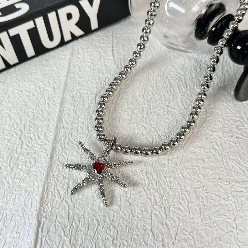 New Punk Sliver Color Liquid Metal Marine Life Irregular Starfish Red Heart-shaped Rhinestone Pendant Necklace for Women Jewelry