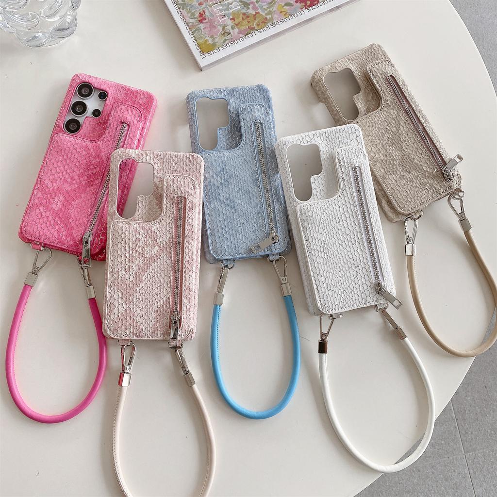 For Samsung Galaxy S24 Ultra Case Zipper Card Holder Mirror Snake Texture PU + PC Back Cover with Lanyard