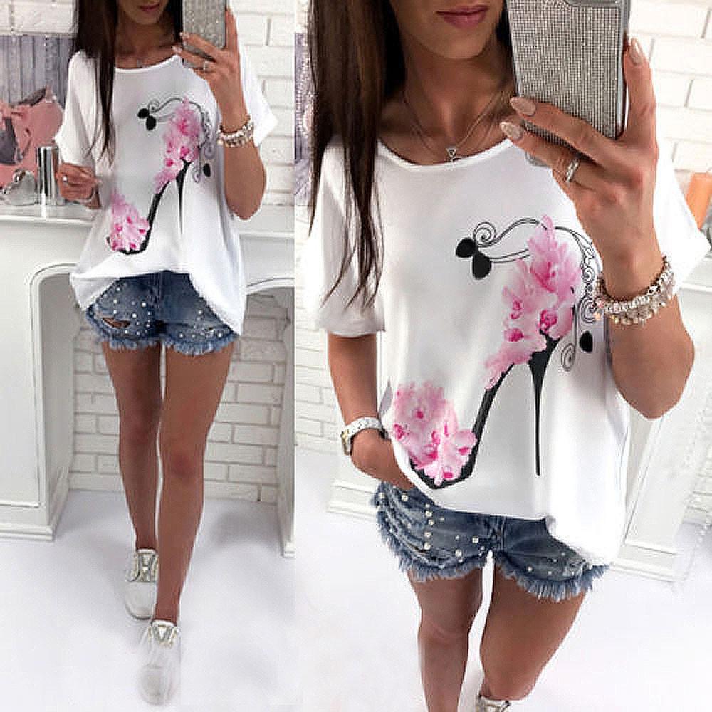 

Women Short Sleeve High Heels Printed Tops Beach Casual Loose Blouse Top T Shirt 3XL белый