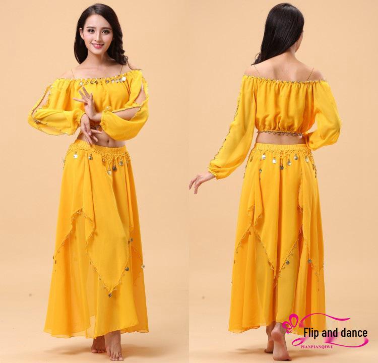 Adult Belly Dance Performance Set - Indian Style, Lantern Sleeve, Coin Skirt Practice Costume