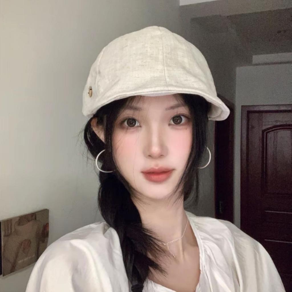 Spring and summer retro solid color cotton and linen duck tongue forward hat children show their faces small, light and breathable personalized beret 