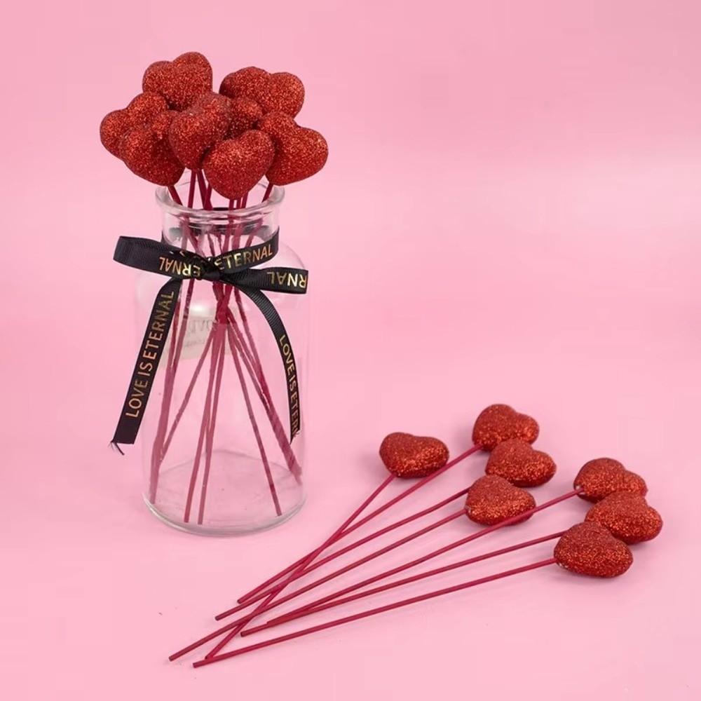 10pcs Reusable Glitter Hearts Stick DIY Flower Bouquet Vase Pick Stick Foam Red Heart Branch Valentine's Day