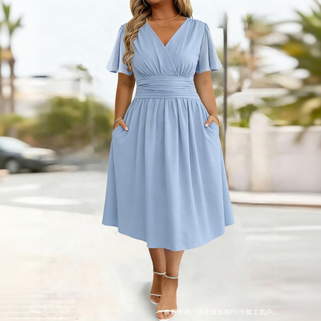 Women's V Neck Short Sleeve Dress Solid Color Waist Pleated Design Flared Sleeves Midi Length Casual Dress with Pockets