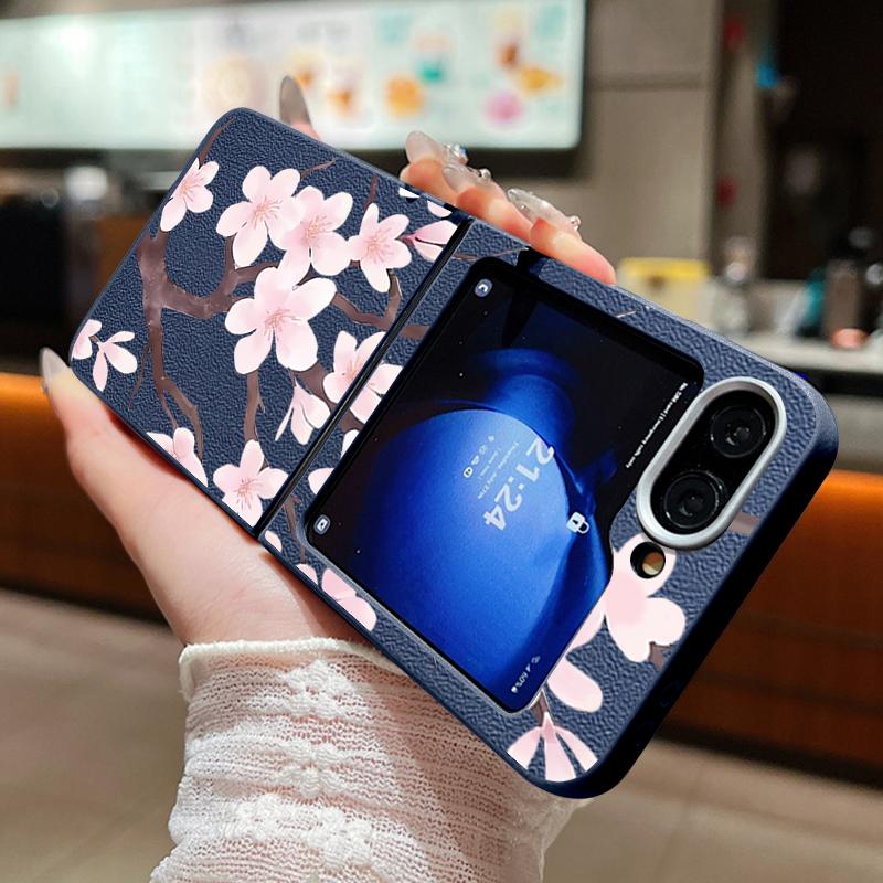Z Flip 7 Case Hand-drawn Style Sakura Pattern Leather Texture Folding Fhone Cover For Samsung Galaxy Z Flip 7 6 5 4 Flip7 Flip6 Flip5