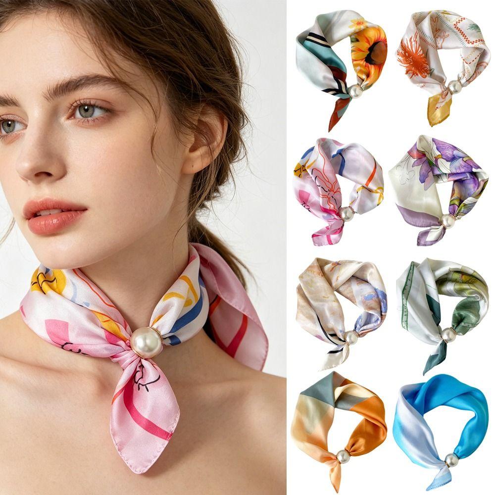 Lightweight Silk Scarf Breathable Printed Neck Scarf Accessory Magnetic Clasp Scarf Women