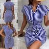 Women's Dolman Sleeve V-neck Striped Lace-up Short Dress