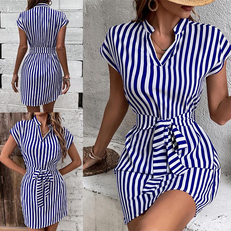Women's Dolman Sleeve V-neck Striped Lace-up Short Dress