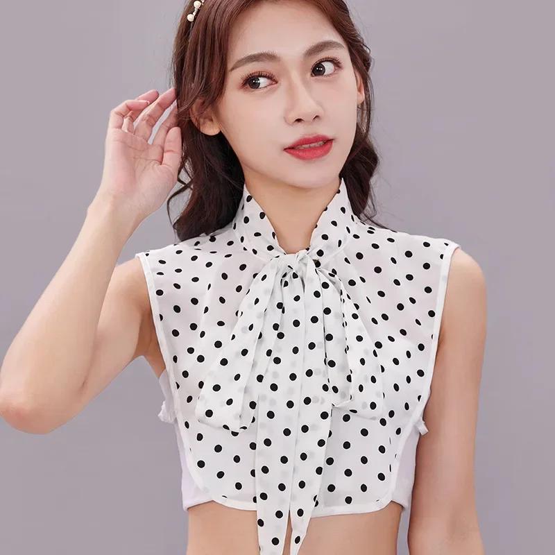 Perfect Match Women Polka Dots Bowknots Shirt Fake Collar Tie Cotton Detachable False Collar Lapel Blouse Top Autumn Sweater Decorative