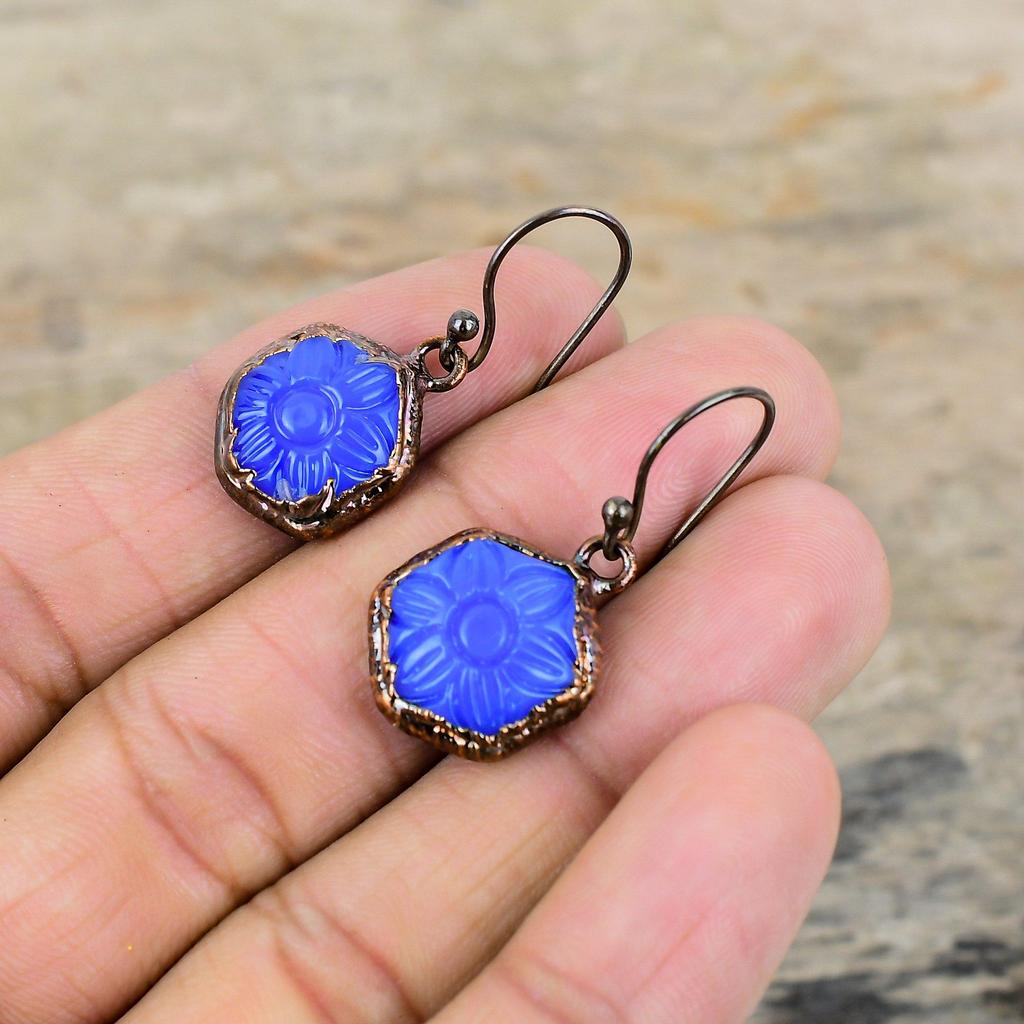Carved Blue Onyx Earring Electroformed Copper Earrings Handmade Jewelry Genuine Gemstone Earring Electroformed Copper Jewelry Gift For Women