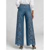 Lace Spliced Denim Pants Elegant Hollow Out Jeans Women Flower Embroidery High Waist Straight Loose Trousers Office Lady Pants