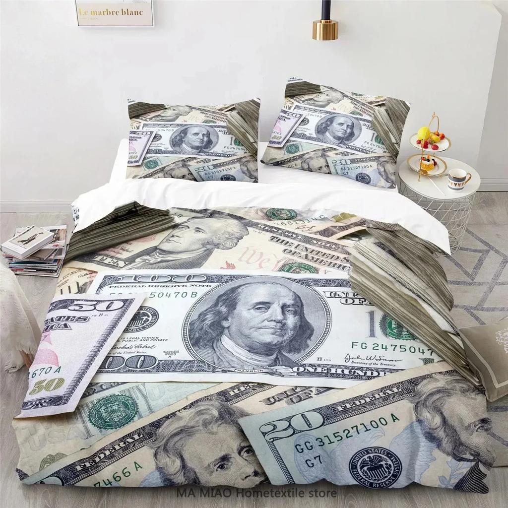 3D Modern Money Bedding Set Dollar Motif Printed Duvet Cover Vivid Comforter Cover 3 Pieces Money Pattern Funny Soft Bed Set