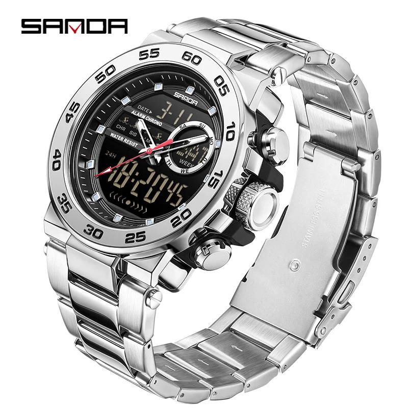 SANDA Fashionable Waterproof  Men's Electronic Watch Sports Multifunctional Large Dial Three Pin Double Display Men's Wrist Watc