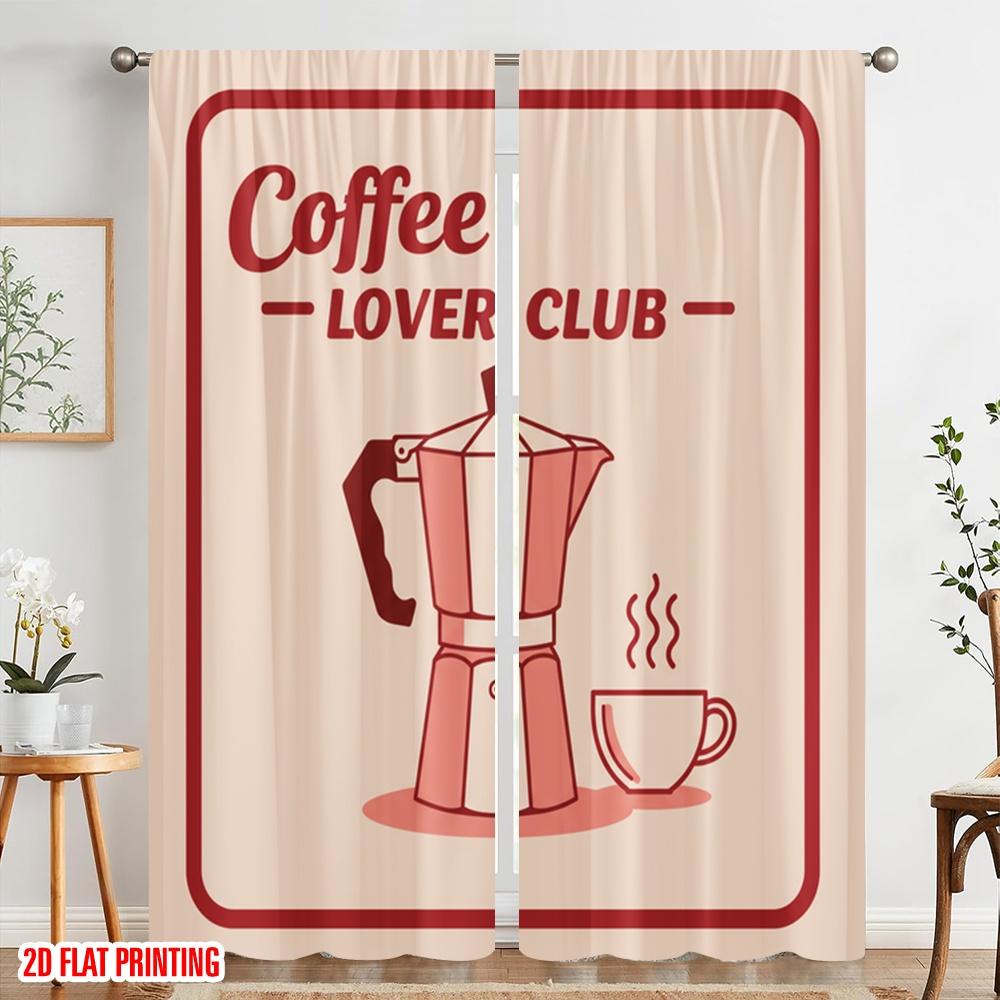 2pcs 2D Flat Printing Party Curtains Coffee Lover Club Moka Pot Polyester Without Electricity Holiday Decorations Perfect for
