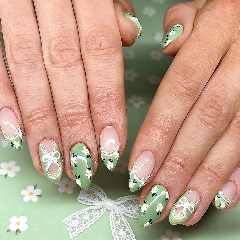 

Green Floral Almond Manicure Set with Lace Bow Tips - 24 Detachable Wearable Pieces