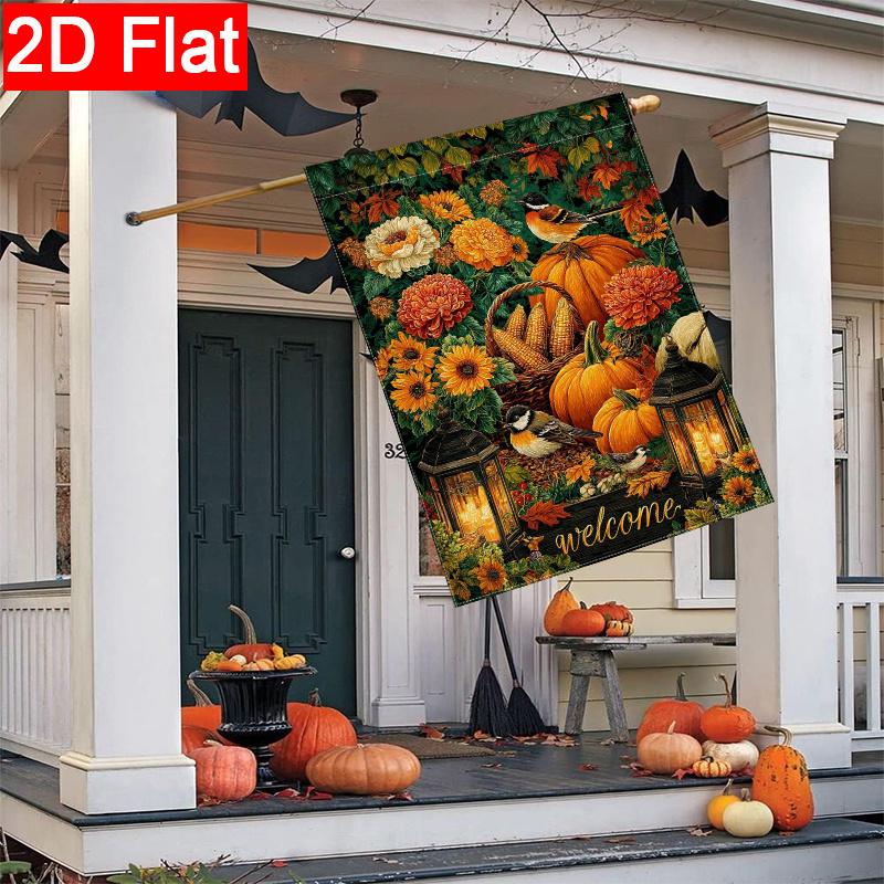 2D Flat - 2D Flat Autumn Thanksgiving Pumpkin Bird Garden Flag (2) 3-28X40 Inch Outdoor Garden Flag Double-Sided Home Decoration Courtyard Decoration