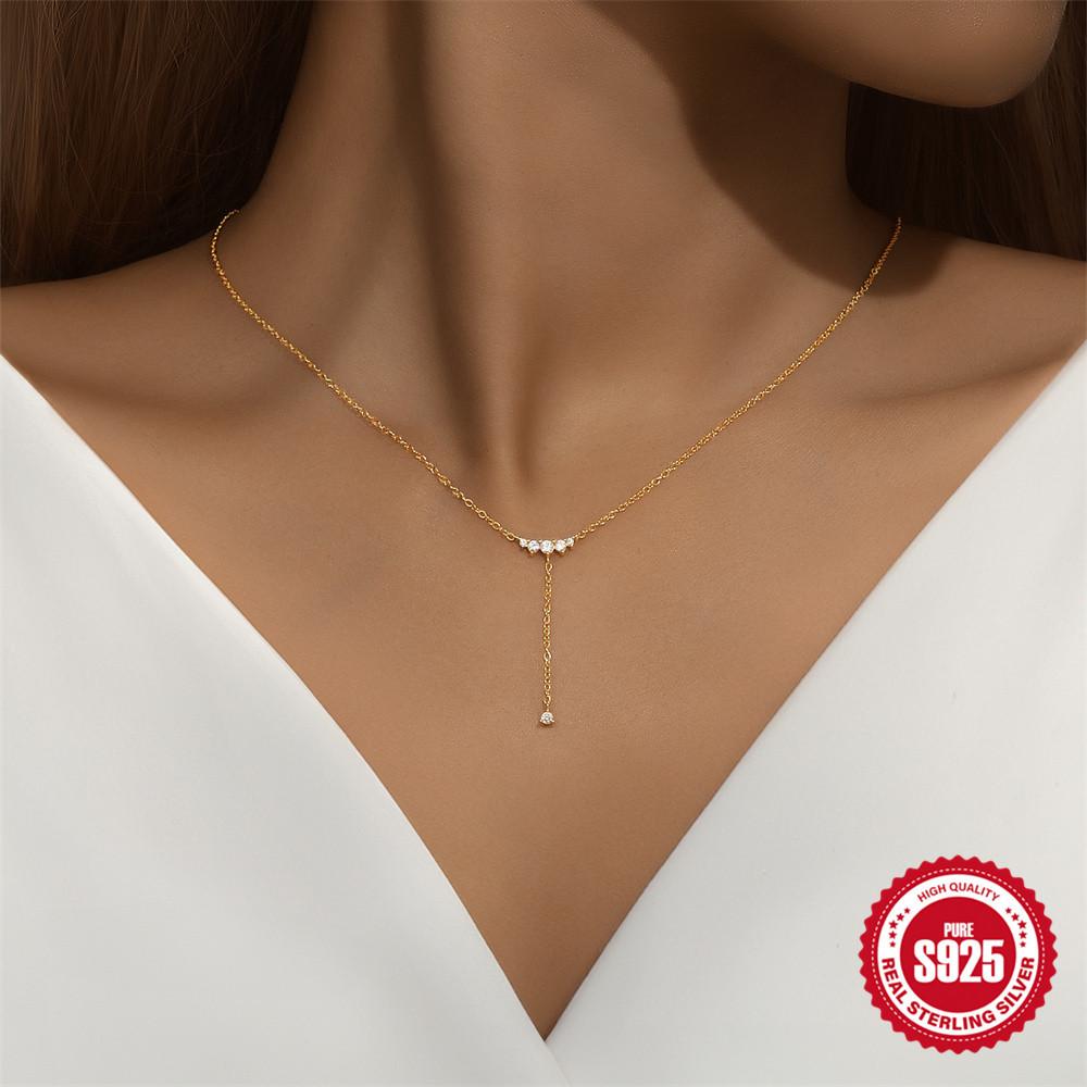 S925 Sterling Silver Stylish And Simple Single Row With Diamonds Y-Shaped Versatile Collarbone Chain Necklace V-Neck Thin Necklace