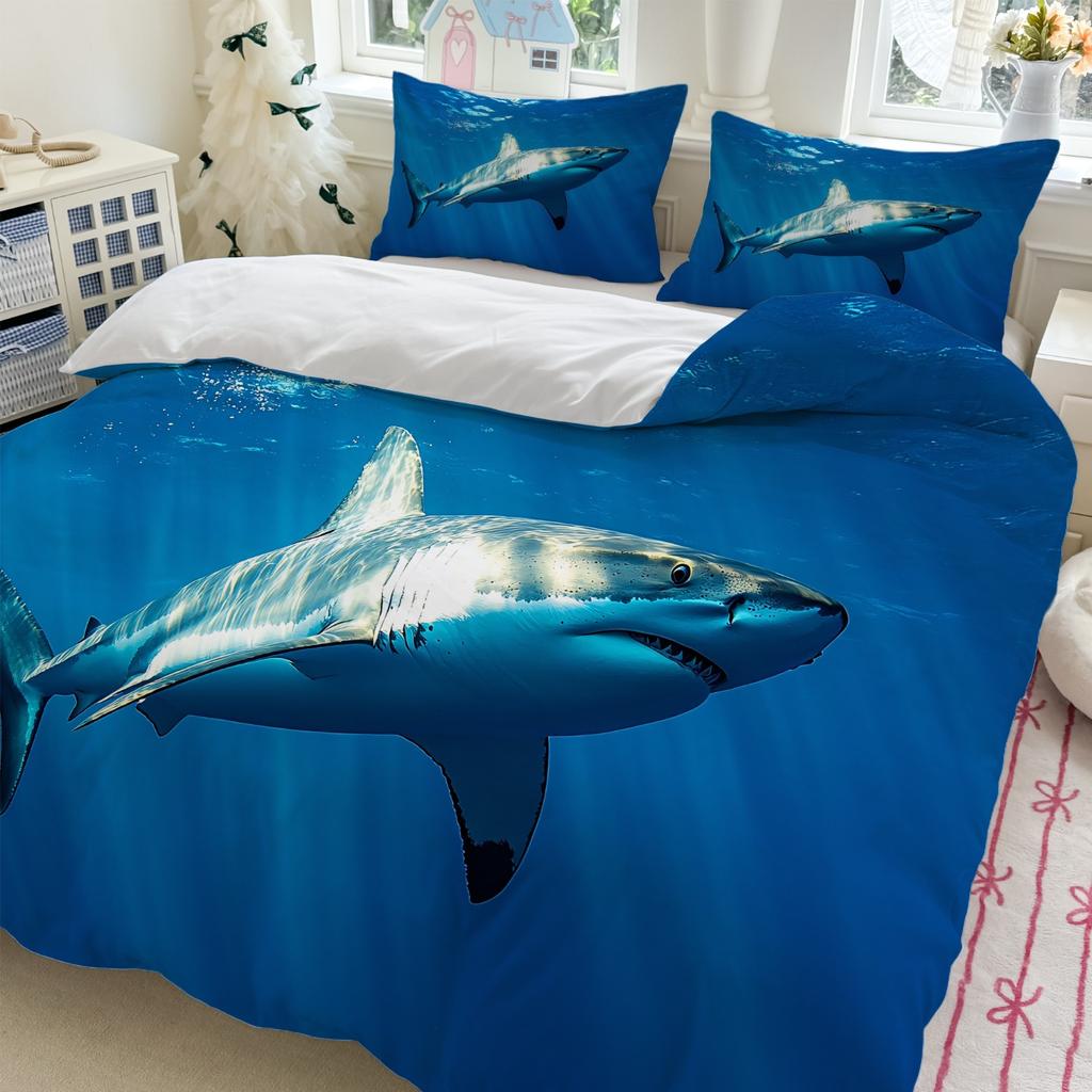 3pcs Shark Print Bedding Set - Blue Ocean Theme for Bedroom Decor Polyester Machine Washable All-Season Comfort Machine Washable