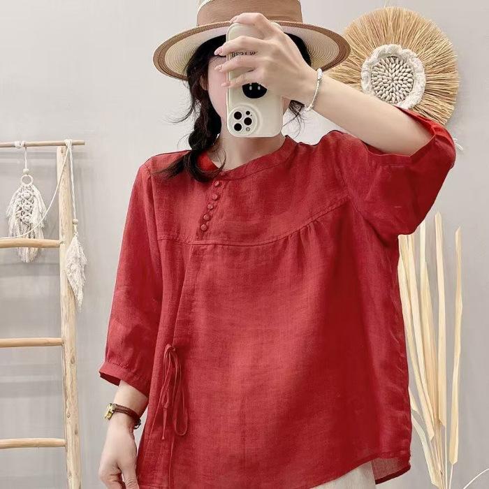 Women's Spring and Summer Elegant, Literary, Retro, Casual Solid Color Loose Slimming Five-Eighth Sleeve Tie Shirt